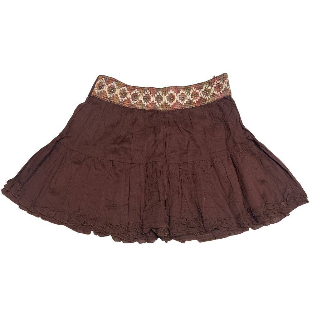 Angie Brown Cotton Gauze Mini Ruffle Tiered Skirt Embroidered Waist S Festival